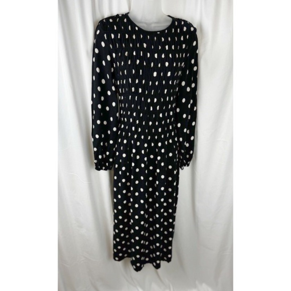H&M Polka Dot Smocked Midi Dress Black White Long Sleeve M Rockabilly Chic 51-29 - Picture 7 of 15